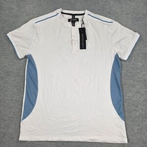 Nick Danger Mens Large White Blue Colorblock Mesh Side Henley Short Sleeve Shirt